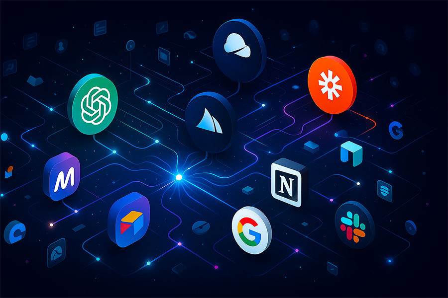 Illustration vectorielle moderne représentant un réseau connecté d’outils d’IA et d’automatisation comme ChatGPT, Google Workspace, Make.com, Slack, Zapier, Midjourney, Notion AI, Airtable et Claude AI. L’image met en valeur les interactions entre plateformes via des flux lumineux, dans un univers technologique et professionnel, idéal pour une page d’accueil de site dédié à la formation en intelligence artificielle.